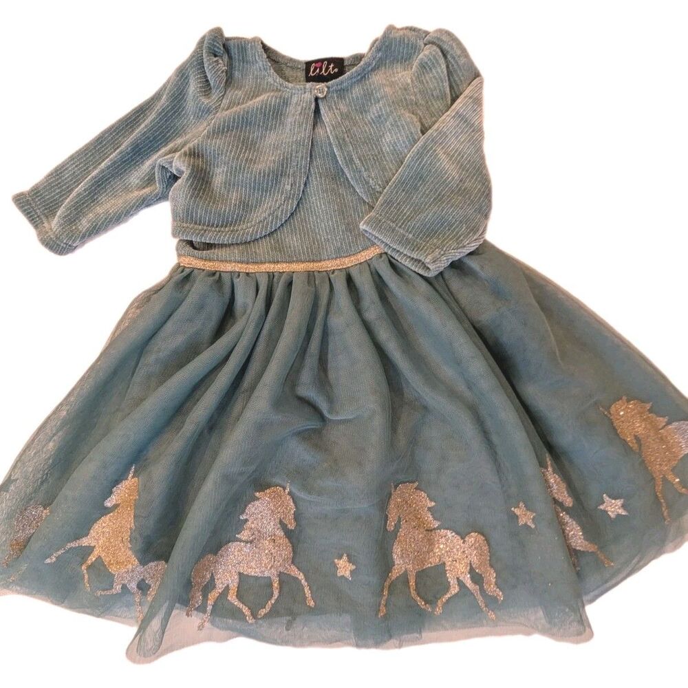 Lilt Brand Light Green Girls 3T Tulle Dress With Unicorns And Crop Sweater